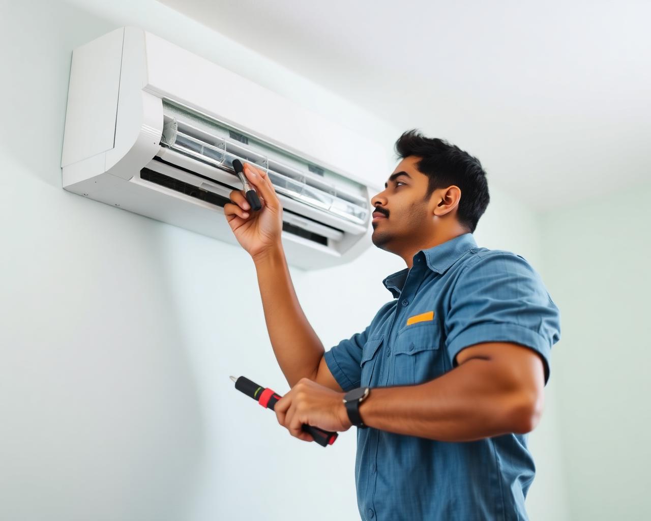 Sanvi Air Cool technician servicing a split AC